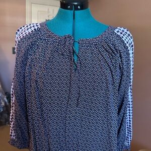 LOFT Boho Tie-Neck Printed Peasant Top - Navy/White
